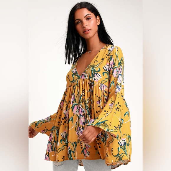 Free People Tops - Free People Bella Golden Yellow Floral Print Tunic
